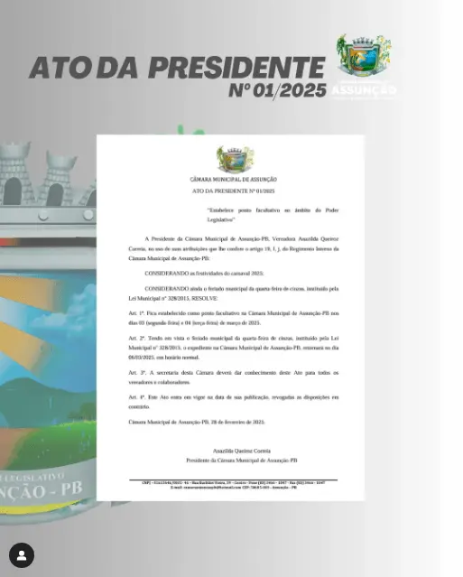 Câmara de Assunção publica Ato da Presidente nº 01/2025 estabelecendo ponto facultativo no Legislativo